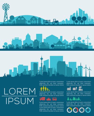 Şık cityscape infographics soyut. Infographics öğeleri koleksiyonu infographics öğeleri ve Sanayi simgeleri ile şehir, şehir, tarım ve sanayi bölgeleri ile. Vektör çizim