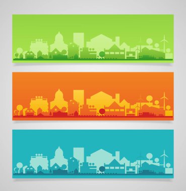 3 yatay afiş ile küçük kasaba veya köy siluetleri vektör toplama