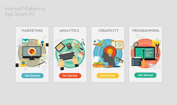 Platt Design Lyhörd Internet Marketing Mobilappen Stänk Skärmar Mall Med — Stock vektor