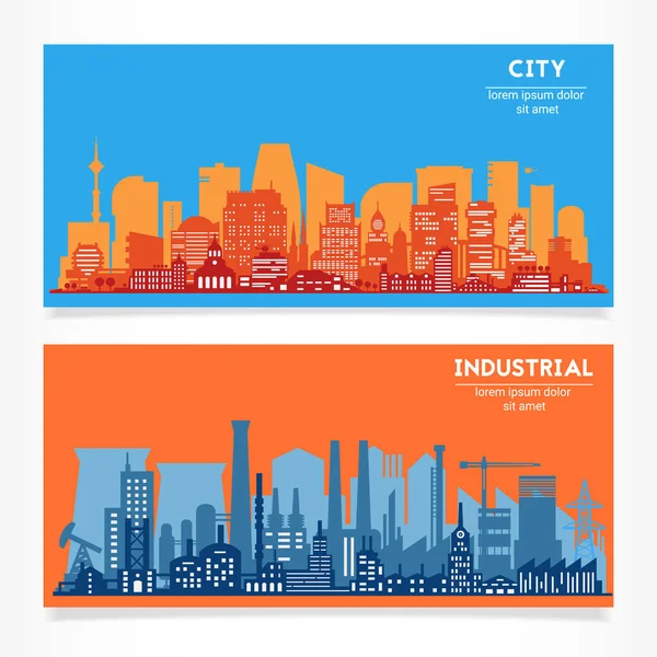Vektor Horizontální Bannery Panorama Kit Různými Částmi Města Továrny Rafinerie — Stockový vektor