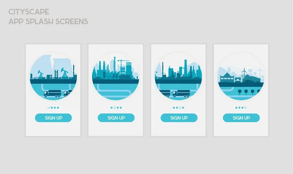 Platte Responsieve Mobiele App Splash Screens Ontwerpsjabloon Met Trendy Stad — Stockvector