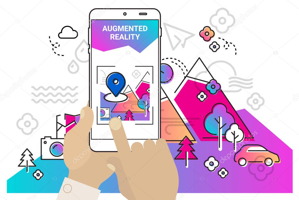 Augmented reality mobile app concept, for travelling navigation and outdoor activity, mobile geolocation and augmented reality content. Vector illustration