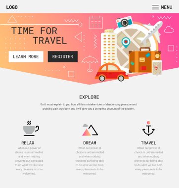 Düz tasarım duyarlı seyahat mobil uygulaması giriş ekranları şablonu trendy çizim ile