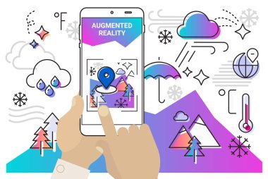 Seyahat eden gezinti ve açık hava etkinliği için artırılmış gerçeklik mobil app kavramı