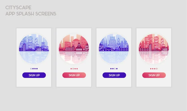 トレンディな都市景観とフラットなデザインを応答する 携帯アプリ画面テンプレート — ストックベクタ