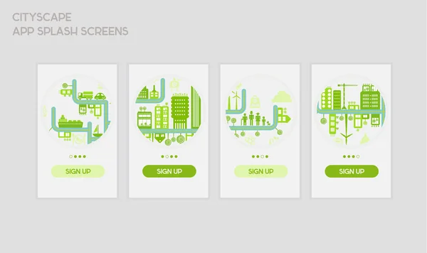 平面设计响应用户界面移动应用程序屏幕模板与时髦的城市景观 — 图库矢量图片