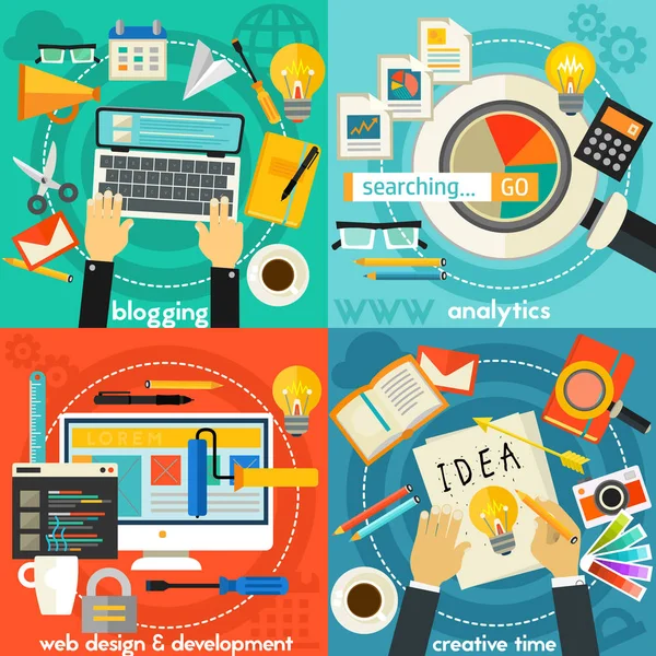 Conjunto Conceitos Criativos Analytics Creative Time Blogging Web Design Desenvolvimento — Vetor de Stock