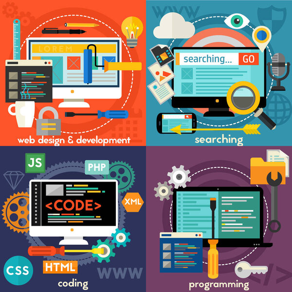 Set of Searching, Programming, Web Design and Development and Coding concepts