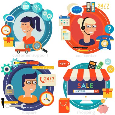 Çevrimiçi Alışveriş, Müşteri ve Teknik Destek ve Senter konsept afişleri. Düz biçim vektör illüstrasyonu çevrimiçi web pankartları