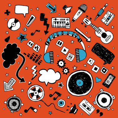 Müzik semboller, simgeler ve öğeleri ile çizilmiş vektör çizim. Tam toplama