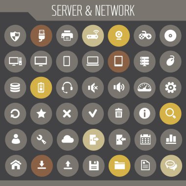 Moda düz tasarım büyük bilgisayar ve sunucu ağları simgeleri ayarlandı