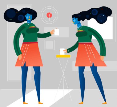 Ofis çalışanları ofis iç, yöneticileri, işadamları ve birlikte şirkette çalışan iş kadınları. Vektör çizim trendy daire basit tarzı