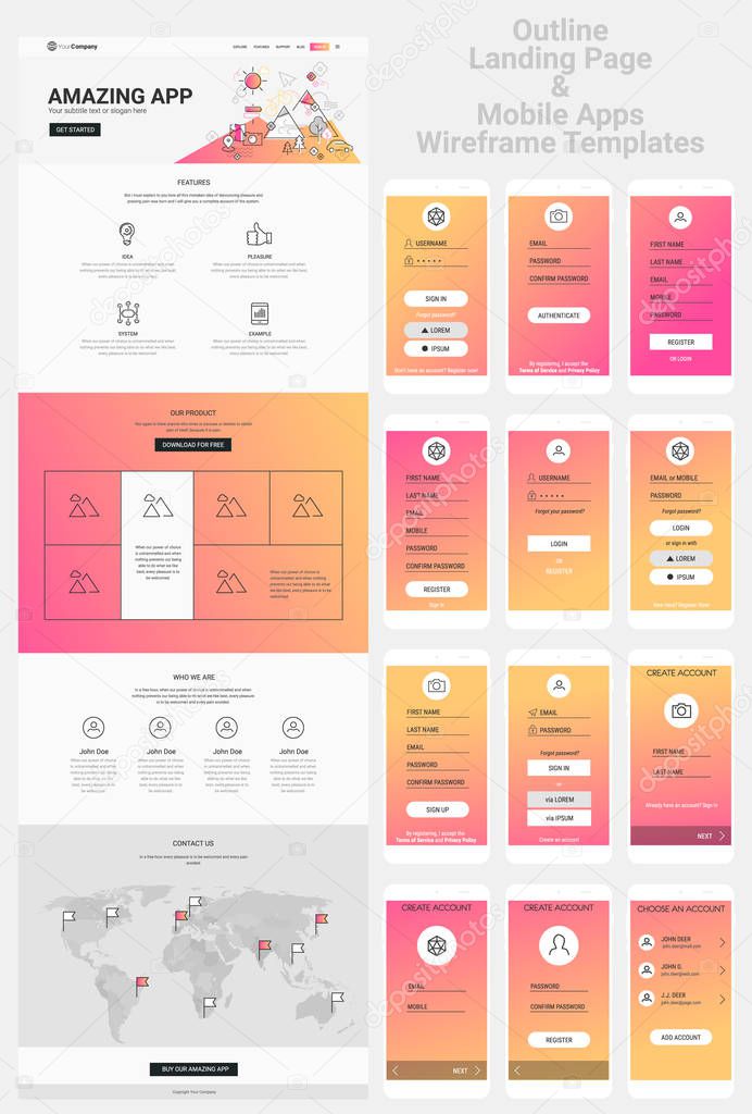 Responsive landing page or one page website and mobile apps template mockups wireframe workflow collection