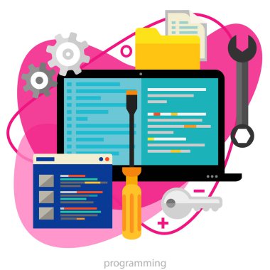 Programlama, kodlama ve kavram komut dosyası. Kare kompozisyon afiş. Trendy amip stili