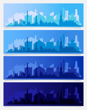 Şehrin endüstriyel kısmına sahip vektör yatay pankartlar. Fabrikalar, rafineriler ve enerji santralleri