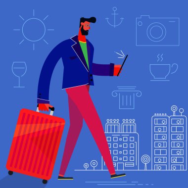 Kavram afiş karakterleri ile seyahat. Turizm ve boş pozisyonlar. Yalnız seyahat