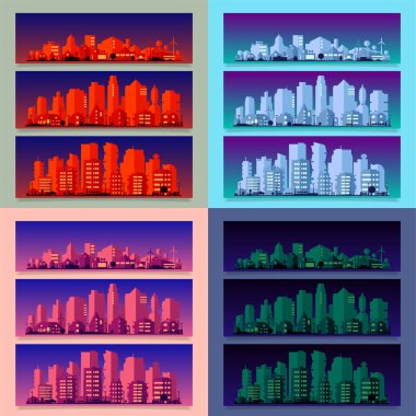 Şehrin endüstriyel kısmına sahip vektör yatay pankartlar. Fabrikalar, rafineriler ve enerji santralleri