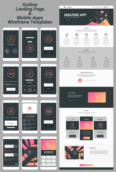 Responsive Landing Page One Page Website Mobile Apps Template Mockups — Stock Vector