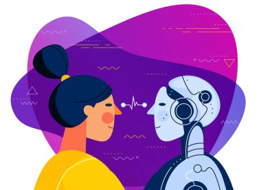 Yapay zeka birbirine bakarak ile kadın insan ve kadın robot. Son moda parlak doğrusal illüstrasyon