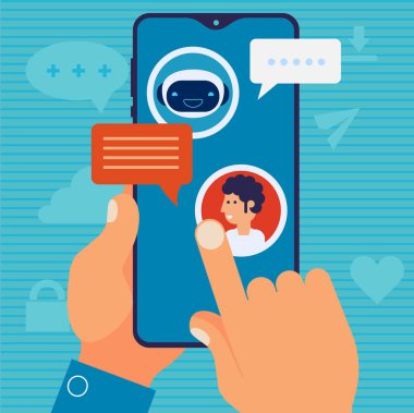 Chatbot mobil uygulama kavramı. Adam elinde akıllı telefon tutarak ve chatbot ile sohbet