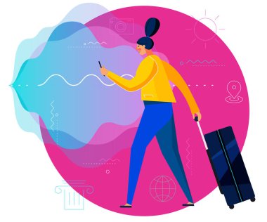 Ses asistanı mobil uygulamasını kullanarak kadın ile konsept afiş seyahat. Turizm ve boş pozisyonlar. Yalnız seyahat