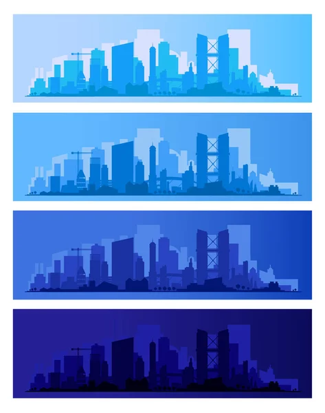 Vector Horizontal City Banners Morning Afternoon Evening Night — Stock Vector