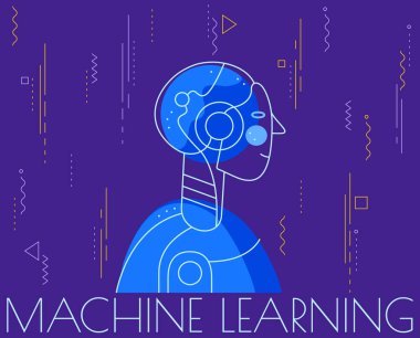 Yapay zeka öğrenme konsepti ile robot. Trendy parlak vektör illüstrasyon