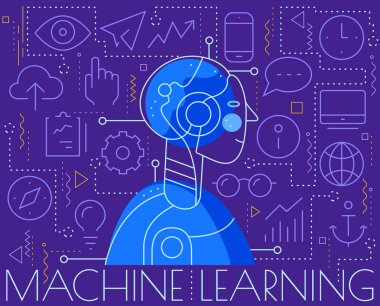 Yapay zeka öğrenme konsepti ile robot. Trendy parlak vektör illüstrasyon