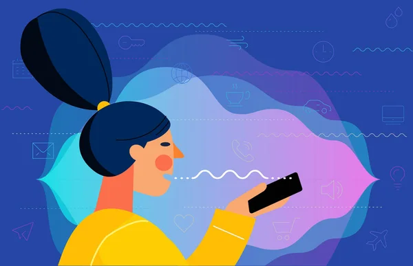 Konsep Banner Dengan Wanita Menggunakan Aplikasi Asisten Suara Mobile Rumah - Stok Vektor