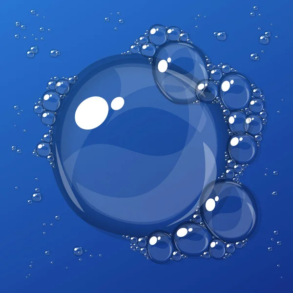 Espuma Transparente Agua Jabón Aislada Sobre Fondo Azul Fácil Editar — Vector de stock