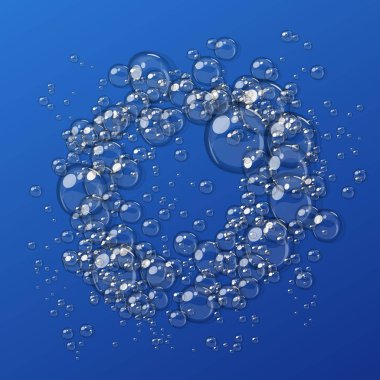 Şeffaf su veya sabun köpük, mavi arka planda izole, düzenleme kolay, 10 EPS