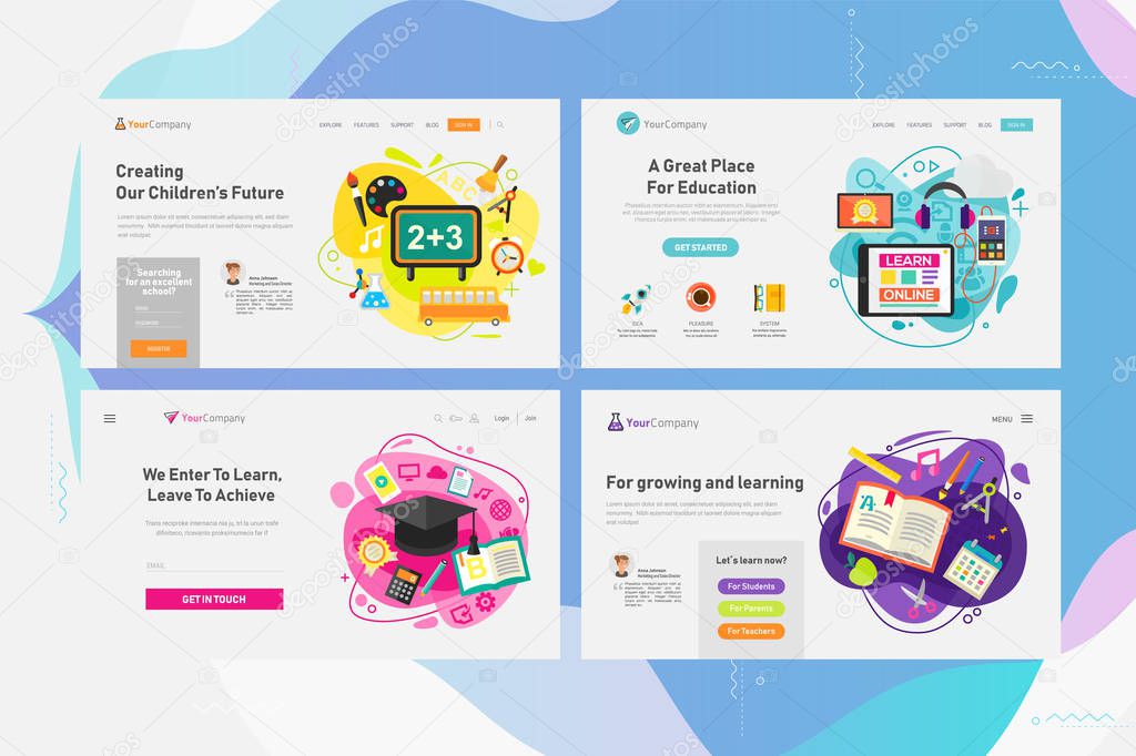 One Page Website Kit for Education and Online Learning Concept Banners. Vector Illustration