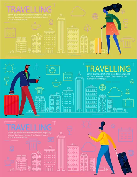 Traveling Concept Banners (en inglés). Ilustración de diseño de carácter de moda — Archivo Imágenes Vectoriales