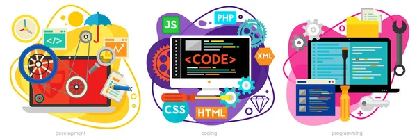 Programmering Codering Scripting Website Ontwikkeling Analytics Trendy Amoeba Stijl Concepten — Stockvector