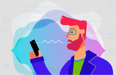 Ses asistanı Concept Banner'ı kullanma. Trendy Karakter Tasarımı İllüstrasyon