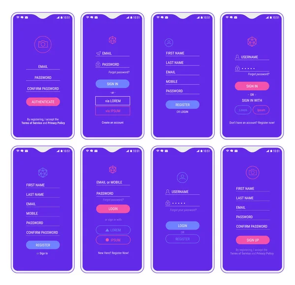 Aplicativo móvel UI Entrar e Inscrever-se telas mockup kit —  Vetores de Stock