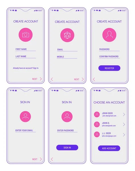 Mobile App UI Sign In and Sign Up screens mockup kit — Stock Vector