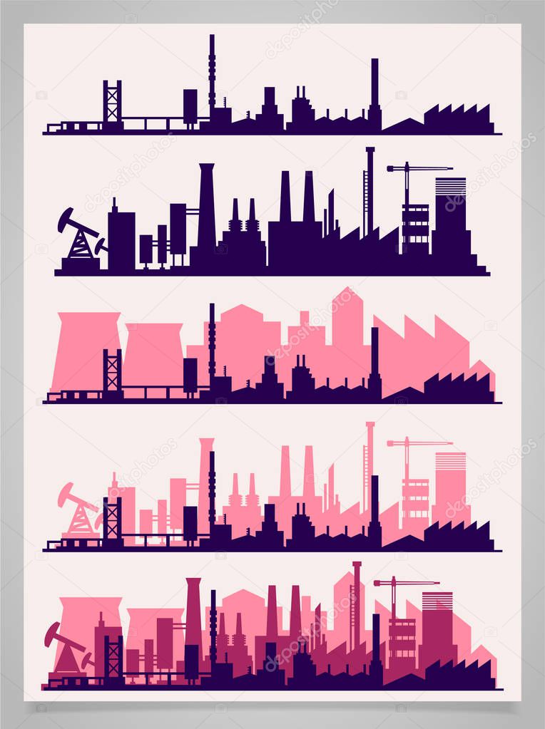 Industrial trendy city skyline colored sets. Vector illustration