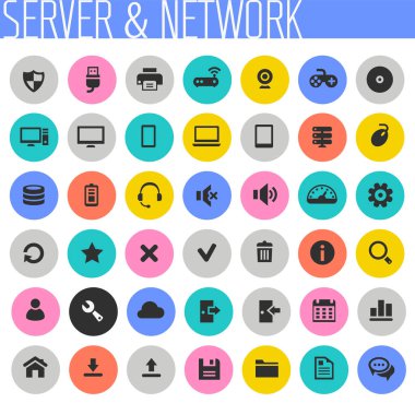Moda düz tasarım büyük bilgisayar ve sunucu ağları simgeleri ayarlandı