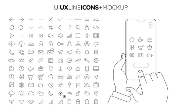 Trendy Coleção Ícones Linha Interface Com Linha Mockup Smartphone Segurado — Vetor de Stock