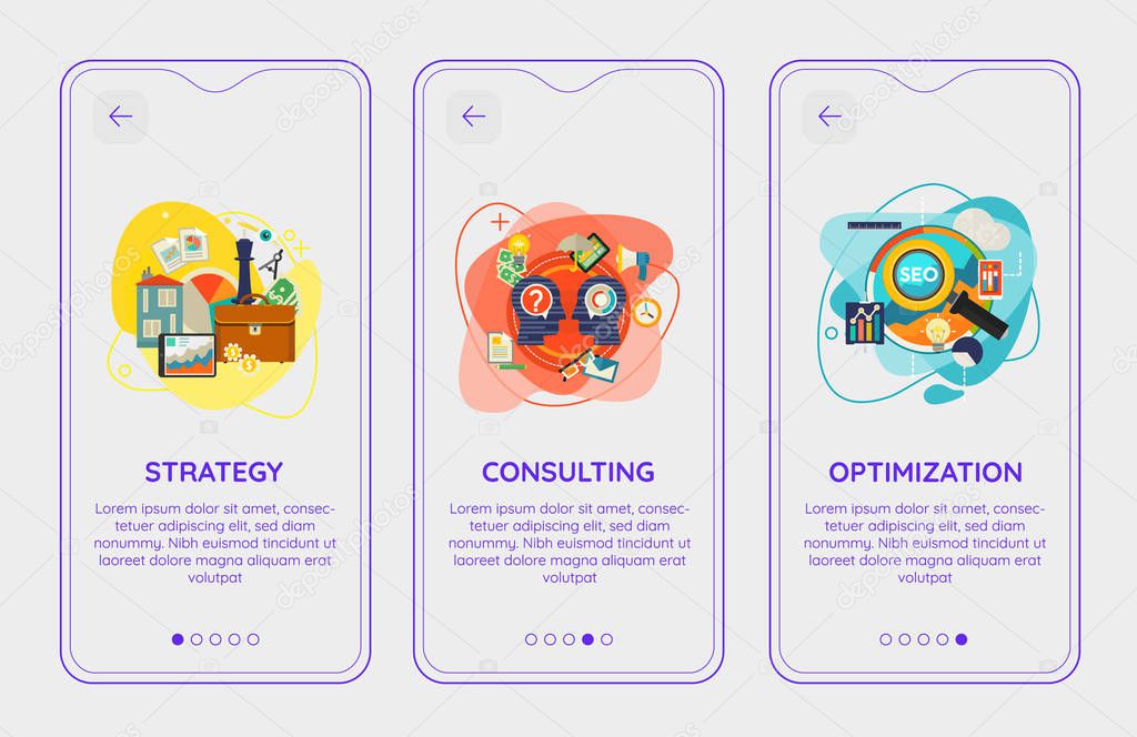 Flat design responsive Consulting, Management, SEO and Strategy UI mobile app splash screens. Template with trendy illustrations