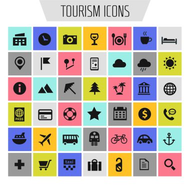 Turizm ve Seyahat simgesi seti, modaya uygun düz simgeler