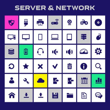Moda düz tasarım büyük bilgisayar ve sunucu ağları simgeleri ayarlandı