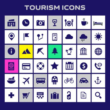 Turizm ve Seyahat simgesi seti, modaya uygun düz simgeler