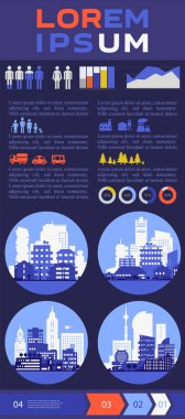 Soyut stil şehir manzarası bilgisi. Şehir elemanları, insan ve doğal kaynaklar ve nüfus istatistikleri ile bilgi elemanları koleksiyonu.