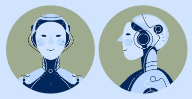 Chatbot robot vektör çizimi. Yüz ve yan pozisyonları olan izole edilmiş detaylı robot çizimi