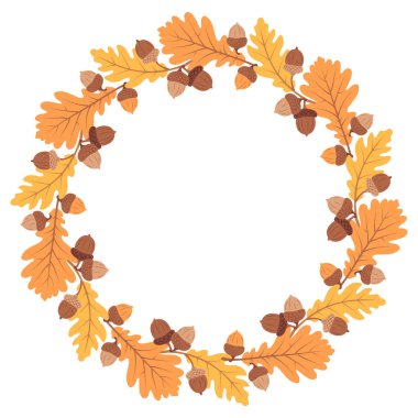 Meşe palamutları ve yaprakları beyaz arka planda izole edilmiş daire şeklinde. Kahverengi meşe palamudu ve yapraklı rahat sonbahar çelengi, düz stil botanik vektör çizimi.