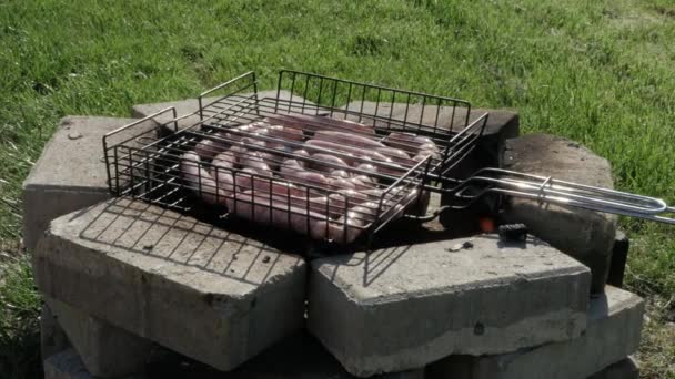 Close-up van worstjes grillen op de barbecue. — Stockvideo