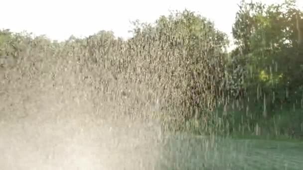 Kolsyrat vatten besprutning av sprinkler på gröna gräsmattan. Sommaren trädgårdsarbete. Slow motion. — Stockvideo