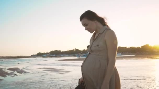 Happy woman in ninth month of pregnancy walking beach at sunset — Stock Video